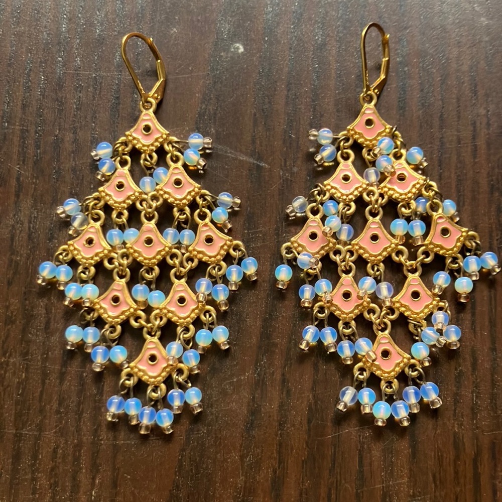 Joan Rivers chandelier gold colored with pink enamel & moonstone earrings
